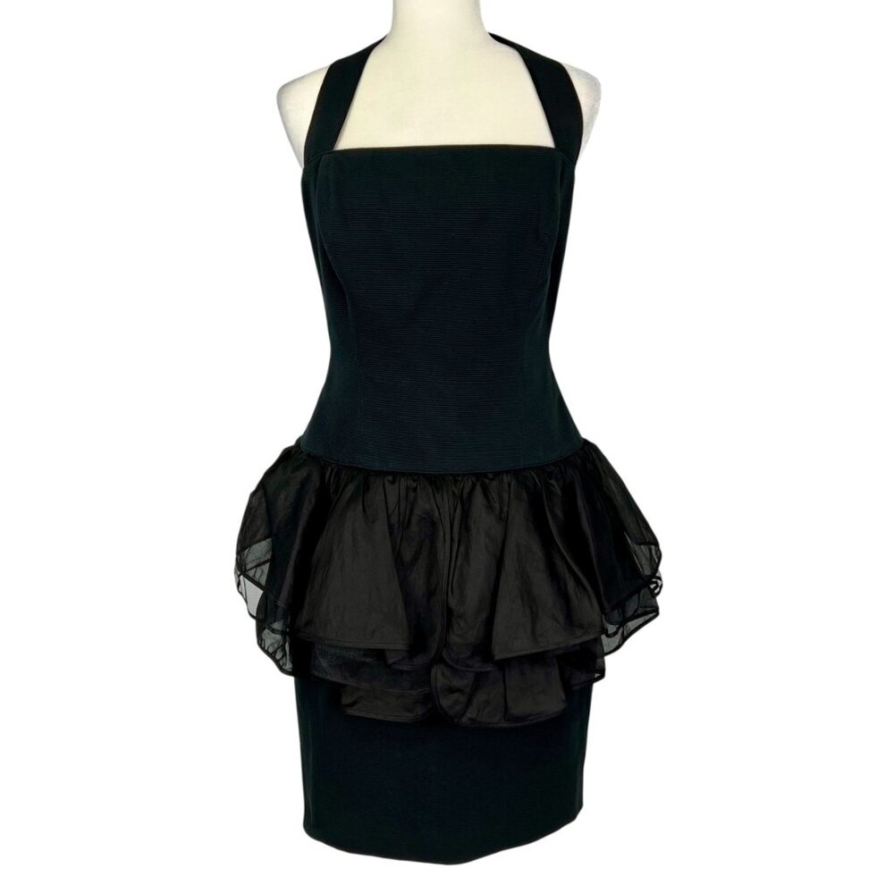 Vintage Barboglio Womens Black Halter Ruffle Cocktail Dress size 8 RUNS SMALL